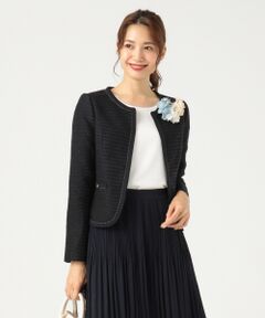 L size ONWARD(大きいサイズ) / エルサイズオンワード ノーカラージャケット | 【ハレの日にも】ノーブルファンシーボーダー ノーカラージャケット