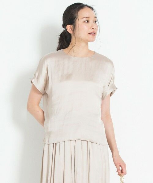 L size ONWARD(大きいサイズ) / エルサイズオンワード カットソー | 【洗える】イージーサテン 異素材コンビカットソー（シャンパンベージュ系）