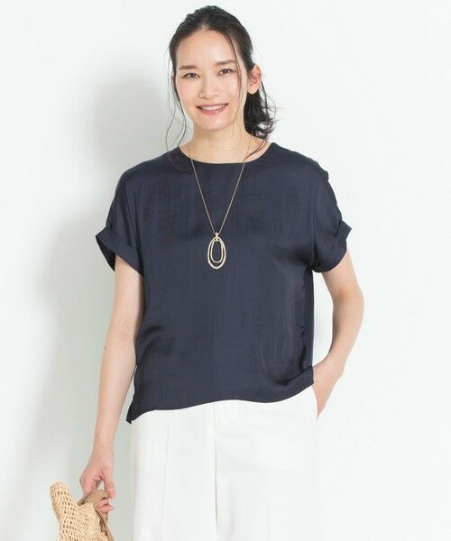 L size ONWARD(大きいサイズ) / エルサイズオンワード カットソー | 【洗える】イージーサテン 異素材コンビカットソー（ネイビー系）