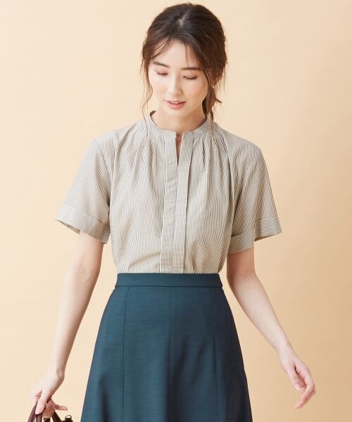 L size ONWARD(大きいサイズ) / エルサイズオンワード トップス | 【洗える】アセテートVisストライプ ブラウス(カーキ系1)