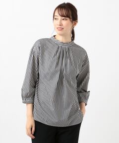 L size ONWARD(大きいサイズ) / エルサイズオンワード Tシャツ | 【洗える】トリコットストライプモックネック カットソー