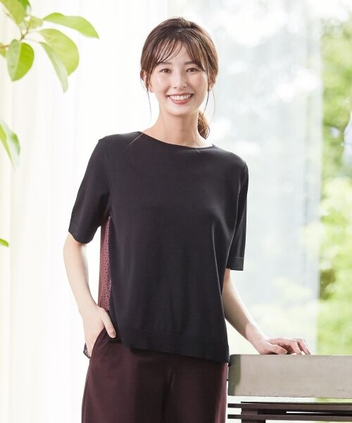 L size ONWARD(大きいサイズ) / エルサイズオンワード ニット・セーター | 【洗える】レーヨンストレッチ 前後切替半袖 ニット | 詳細1