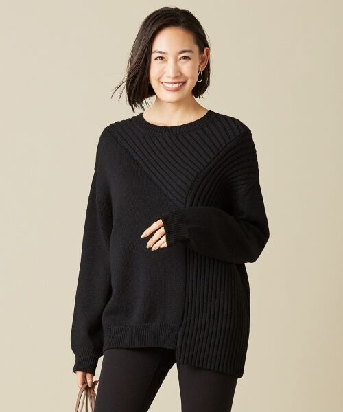 L size ONWARD(大きいサイズ) / エルサイズオンワード ニット・セーター | 【洗える】BlockingWool プルオーバーニット（ブラック系）