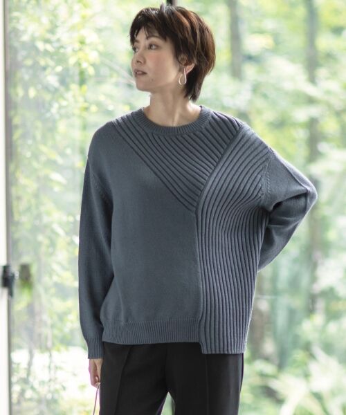 L size ONWARD(大きいサイズ) / エルサイズオンワード ニット・セーター | 【洗える】BlockingWool プルオーバーニット（ダルブルー系）
