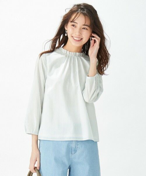 L size ONWARD(大きいサイズ) / エルサイズオンワード カットソー | カチオンストライプ カットソー(ライトグリーン系1)