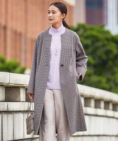 L size ONWARD(大きいサイズ) / エルサイズオンワード カットソー | 【洗える】WOOLLET ノーカラー 千鳥柄 ロングコート