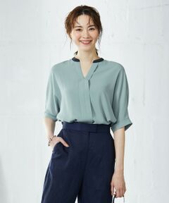 【WEB限定カラーあり・洗える】Back Satin Amunzen キーネックブラウス