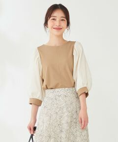 L size ONWARD(大きいサイズ) / エルサイズオンワード カットソー | パフスリーブ異素材コンビ プルオーバー