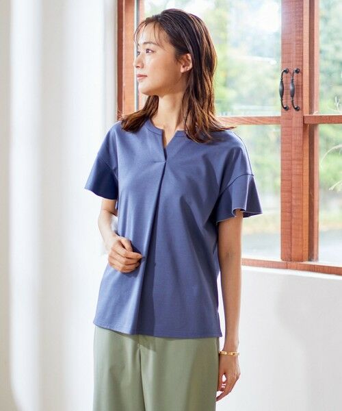 L size ONWARD(大きいサイズ) / エルサイズオンワード カットソー | 【UVケア・接触冷感】コンパクトコットンスムース キーネック カットソー（ブルー系）