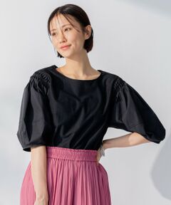 L size ONWARD(大きいサイズ) / エルサイズオンワード カットソー | 【洗える】コンビネーションシャーティング パフスリーブ カットソー