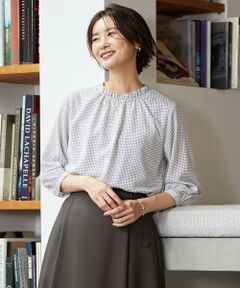 L size ONWARD(大きいサイズ) / エルサイズオンワード カットソー | 千鳥プリント スリットフリルネック カットソー