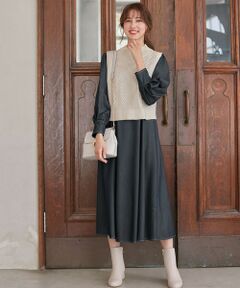 L size ONWARD(大きいサイズ) / エルサイズオンワード ロング・マキシ丈ワンピース | 【2SET】ケーブルベスト×パフスリーブ ワンピース