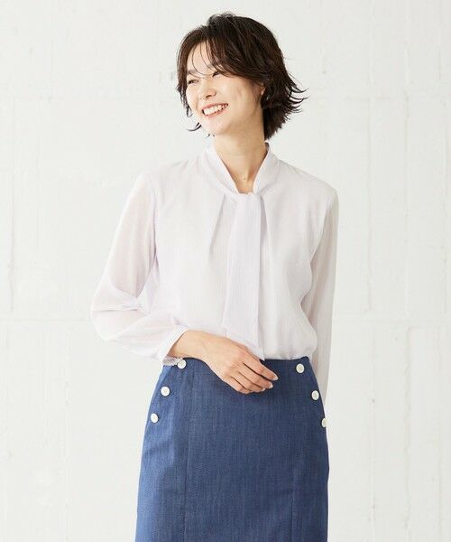 L size ONWARD(大きいサイズ) / エルサイズオンワード カットソー | カチオンストライプ ボウタイ カットソー（ふじ色系）