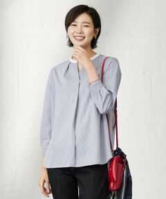 L size ONWARD(大きいサイズ) / エルサイズオンワード カットソー | ピンストライプジャージー バンドカラー スキッパー カットソー