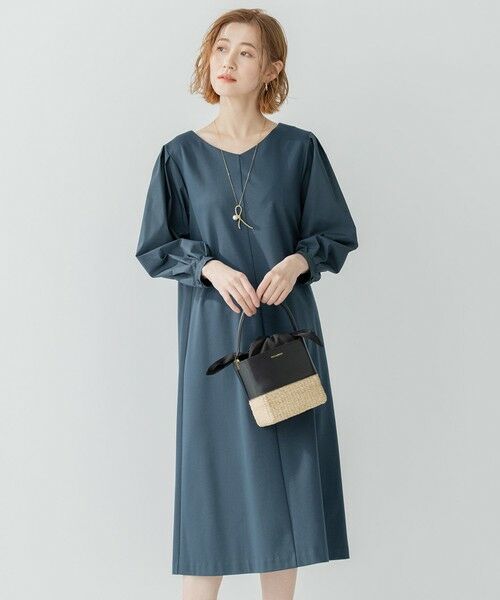 L size ONWARD(大きいサイズ) / エルサイズオンワード ロング・マキシ丈ワンピース | 【洗える】コットンツイルジャージー コンビ ワンピース(マリンブルー系)