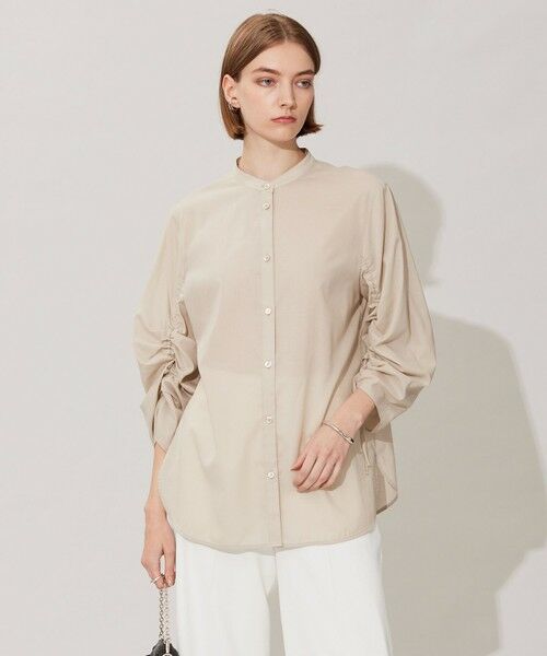 L size ONWARD(大きいサイズ) / エルサイズオンワード シャツ・ブラウス | 【洗える】キュームコアローン バンドカラーシャツ（ライトオリーブ系）