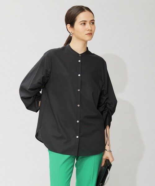 L size ONWARD(大きいサイズ) / エルサイズオンワード シャツ・ブラウス | 【洗える】キュームコアローン バンドカラーシャツ（ブラック系）