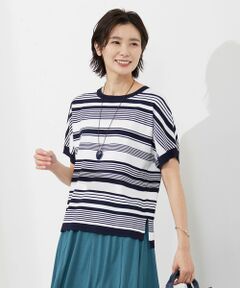 【洗える】 レーヨンエリートストレッチ ランダムボーダー ニット Tシャツ