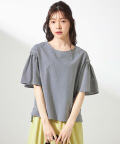 L size ONWARD(大きいサイズ) / エルサイズオンワード カットソー | シルケットストライプ フレアスリーブ カットソー