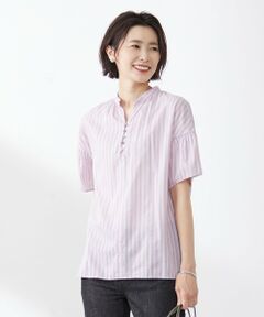 L size ONWARD(大きいサイズ) / エルサイズオンワード シャツ・ブラウス | 【洗える】綿キュプラコードストライプ キーネック ブラウス