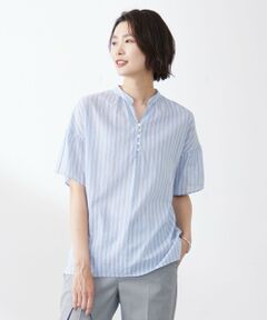 L size ONWARD(大きいサイズ) / エルサイズオンワード シャツ・ブラウス | 【洗える】綿キュプラコードストライプ キーネック ブラウス