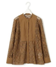 L size ONWARD(大きいサイズ) / エルサイズオンワード シャツ・ブラウス | 【洗える】タイルパターンレース バンドカラーシャツ