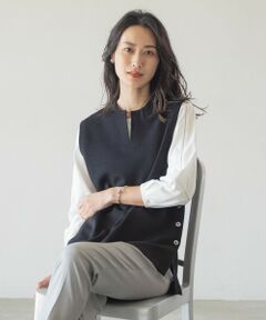 【洗える】COTTON ACETATE キーネック ニット ベスト