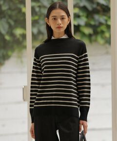 【洗える】SOFT TOUCH WOOL 立ち襟 ボーダー ニット