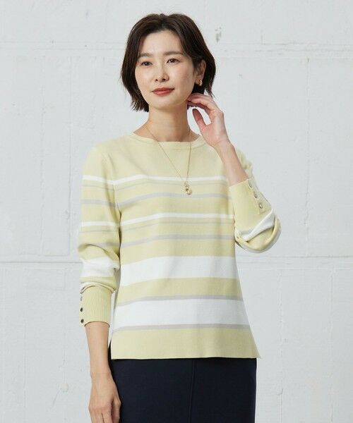 L size ONWARD(大きいサイズ)/エルサイズオンワード 【洗える】Rayon Stretch Border ニット イエロー×オフ系 T13 L size ONWARD(大きいサイズ)/エルサイズオンワード 【洗える】Rayon Stretch Border ニット イエロー×オフ系 T13