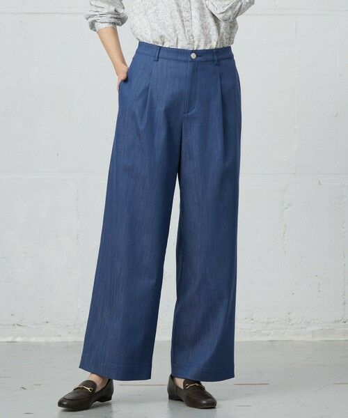 L size ONWARD(大きいサイズ)/エルサイズオンワード 【洗える】セルロースシャンブレー ワイド パンツ ブルー系 T17 L size ONWARD(大きいサイズ)/エルサイズオンワード 【洗える】セルロースシャンブレー ワイド パンツ ブルー系 T17
