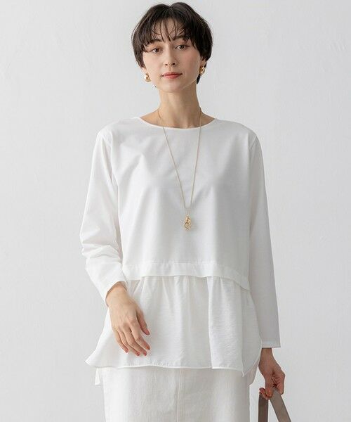 L size ONWARD(大きいサイズ)/エルサイズオンワード 【洗える】シアータフタ コンビ カットソー ホワイト系 46 L size ONWARD(大きいサイズ)/エルサイズオンワード 【洗える】シアータフタ コンビ カットソー ホワイト系 46