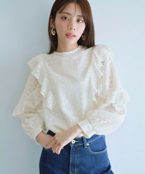L size ONWARD(大きいサイズ)/エルサイズオンワード 【洗える】ラッフルレース トップス オフ 4 L size ONWARD(大きいサイズ)/エルサイズオンワード 【洗える】ラッフルレース トップス オフ 4