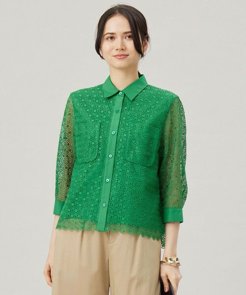 L size ONWARD(大きいサイズ)/エルサイズオンワード 【ドラマ「明日はもっと いい日になる」着用】【洗える】ジオメトリックフラワーレースクロップド丈シャツ ブラウス グリーン 46 L size ONWARD(大きいサイズ)/エルサイズオンワード 【ドラマ「明日はもっと いい日になる」着用】【洗える】ジオメトリックフラワーレースクロップド丈シャツ ブラウス グリーン 46