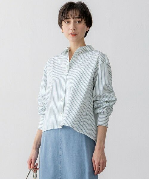 L size ONWARD(大きいサイズ)/エルサイズオンワード 【洗える】CANCLINI クロップド テントライン シャツ ホワイト×グリーンストライプ 46 L size ONWARD(大きいサイズ)/エルサイズオンワード 【洗える】CANCLINI クロップド テントライン シャツ ホワイト×グリーンストライプ 46