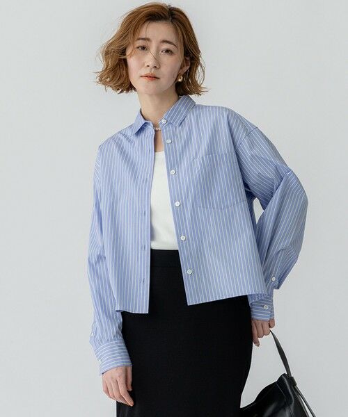 L size ONWARD(大きいサイズ)/エルサイズオンワード 【洗える】CANCLINI クロップド テントライン シャツ ブルー×イエローストライプ 44 L size ONWARD(大きいサイズ)/エルサイズオンワード 【洗える】CANCLINI クロップド テントライン シャツ ブルー×イエローストライプ 44