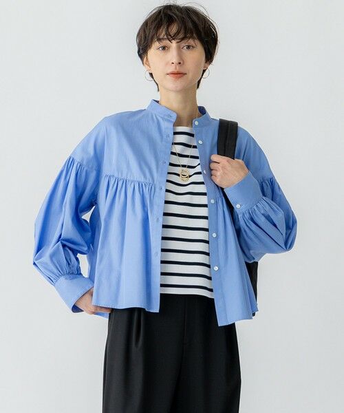 L size ONWARD(大きいサイズ)/エルサイズオンワード 【洗える】CANCLINI ギャザー フレア ブラウス サックス系 48 L size ONWARD(大きいサイズ)/エルサイズオンワード 【洗える】CANCLINI ギャザー フレア ブラウス サックス系 48