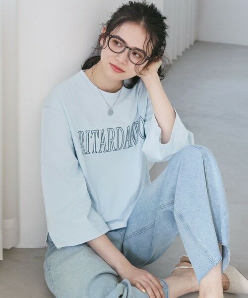 L size ONWARD(大きいサイズ)/エルサイズオンワード 【SLOW/一部店舗限定】MVSコットン フレア袖 ロゴTシャツ サックスブルー系 46 L size ONWARD(大きいサイズ)/エルサイズオンワード 【SLOW/一部店舗限定】MVSコットン フレア袖 ロゴTシャツ サックスブルー系 46