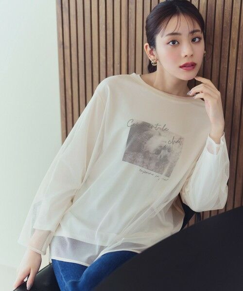 L size ONWARD(大きいサイズ)/エルサイズオンワード 【貴島明日香さんコラボ】チュールレイニャード猫 Tシャツ アイボリー×フォト 4 L size ONWARD(大きいサイズ)/エルサイズオンワード 【貴島明日香さんコラボ】チュールレイニャード猫 Tシャツ アイボリー×フォト 4