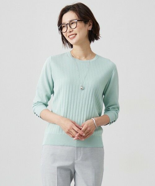 L size ONWARD(大きいサイズ)/エルサイズオンワード 【洗える】Cotton Acetate ストライプ ニット プルオーバー ミント系 T13 L size ONWARD(大きいサイズ)/エルサイズオンワード 【洗える】Cotton Acetate ストライプ ニット プルオーバー ミント系 T13