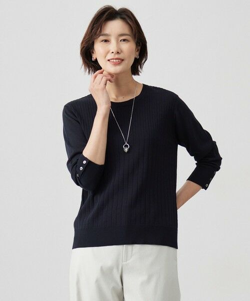 L size ONWARD(大きいサイズ)/エルサイズオンワード 【洗える】Cotton Acetate ストライプ ニット プルオーバー ネイビー系 T15 L size ONWARD(大きいサイズ)/エルサイズオンワード 【洗える】Cotton Acetate ストライプ ニット プルオーバー ネイビー系 T15