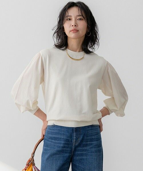 L size ONWARD(大きいサイズ)/エルサイズオンワード 【洗える】コンフォートストレッチ パフスリーブ ニット アイボリー系 48 L size ONWARD(大きいサイズ)/エルサイズオンワード 【洗える】コンフォートストレッチ パフスリーブ ニット アイボリー系 48