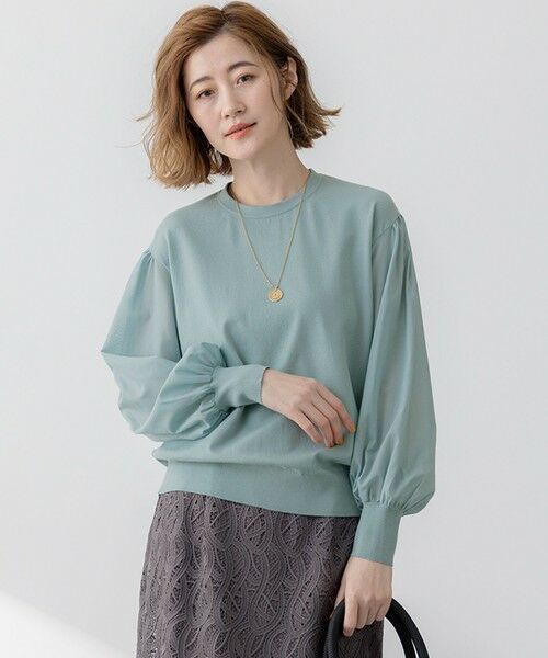 L size ONWARD(大きいサイズ)/エルサイズオンワード 【洗える】コンフォートストレッチ パフスリーブ ニット ライトグリーン系 48 L size ONWARD(大きいサイズ)/エルサイズオンワード 【洗える】コンフォートストレッチ パフスリーブ ニット ライトグリーン系 48