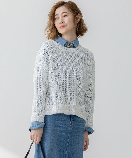 L size ONWARD(大きいサイズ)/エルサイズオンワード 【洗える】コットンギマ ストライプ ニット ホワイト系 46 L size ONWARD(大きいサイズ)/エルサイズオンワード 【洗える】コットンギマ ストライプ ニット ホワイト系 46