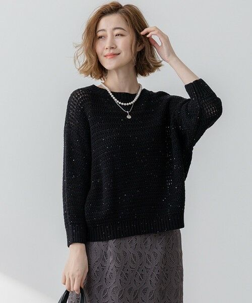 L size ONWARD(大きいサイズ)/エルサイズオンワード 【洗える】スパングル ボートネック ニット ブラック系 46 L size ONWARD(大きいサイズ)/エルサイズオンワード 【洗える】スパングル ボートネック ニット ブラック系 46