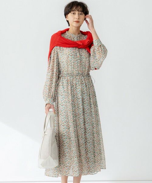 L size ONWARD(大きいサイズ)/エルサイズオンワード 【洗える】シアーヘリンボーンプリント ワンピース オレンジ系5 44