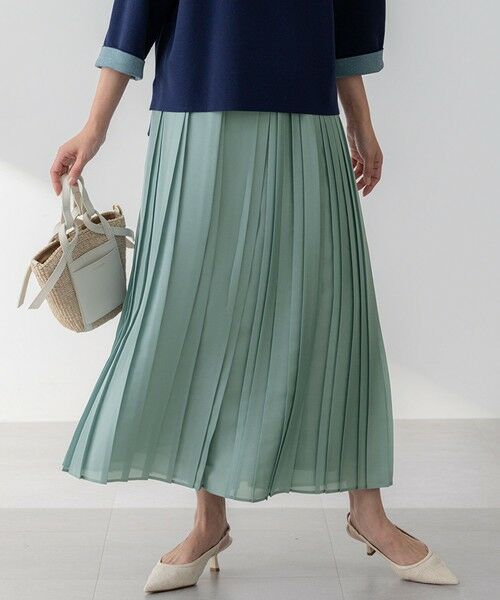 L size ONWARD(大きいサイズ)/エルサイズオンワード 【洗える】シアーコンビ プリーツ スカート ライトグリーン系 46 L size ONWARD(大きいサイズ)/エルサイズオンワード 【洗える】シアーコンビ プリーツ スカート ライトグリーン系 46