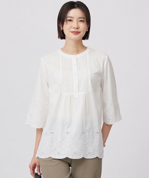 L size ONWARD(大きいサイズ)/エルサイズオンワード 【洗える】セルロースライト刺繍 ピンタック ブラウス ホワイト系 T13