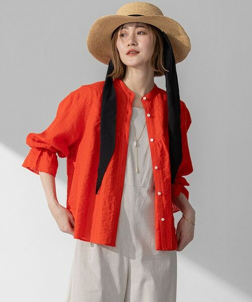L size ONWARD(大きいサイズ)/エルサイズオンワード 【洗える】カラミ ストライプ 切り替え ブラウス オレンジ系 46 L size ONWARD(大きいサイズ)/エルサイズオンワード 【洗える】カラミ ストライプ 切り替え ブラウス オレンジ系 46