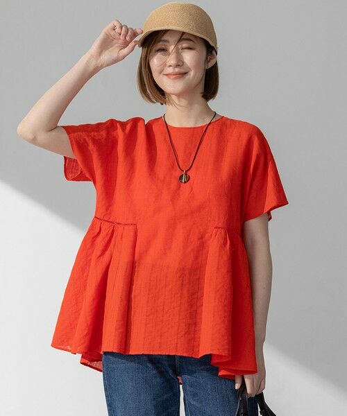 L size ONWARD(大きいサイズ)/エルサイズオンワード 【洗える】カラミ ストライプ ペプラム ブラウス オレンジ系 44 L size ONWARD(大きいサイズ)/エルサイズオンワード 【洗える】カラミ ストライプ ペプラム ブラウス オレンジ系 44