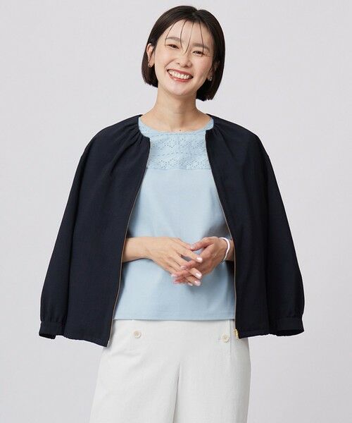 L size ONWARD(大きいサイズ)/エルサイズオンワード 【洗える・接触冷感・防シワ・吸水速乾】BREEZE COOL ノーカラー ブルゾン ネイビー系 T13